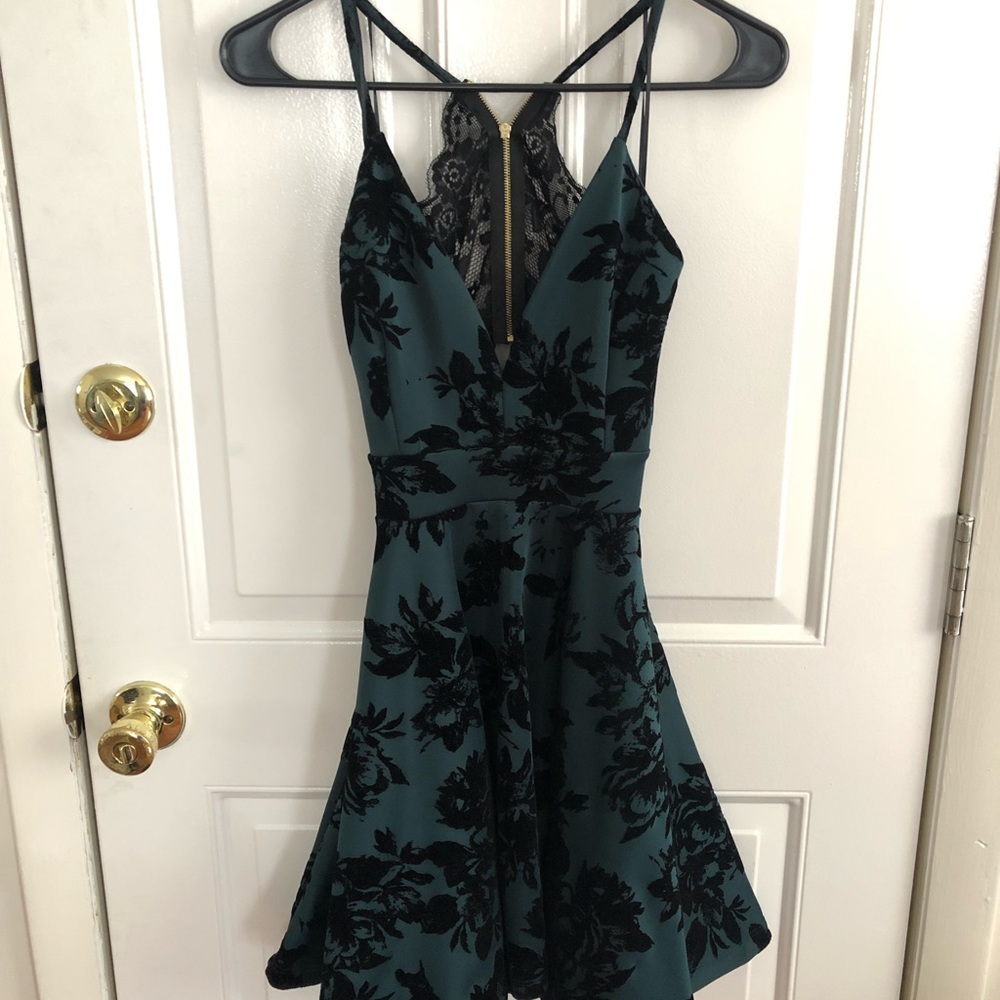 Black and green velvet floral swing dress